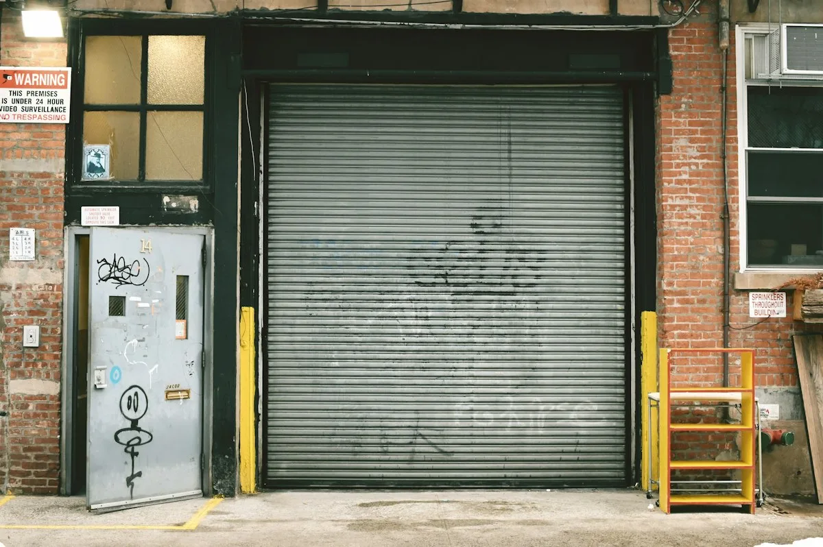 Closed commercial roll-up door at a loading dock