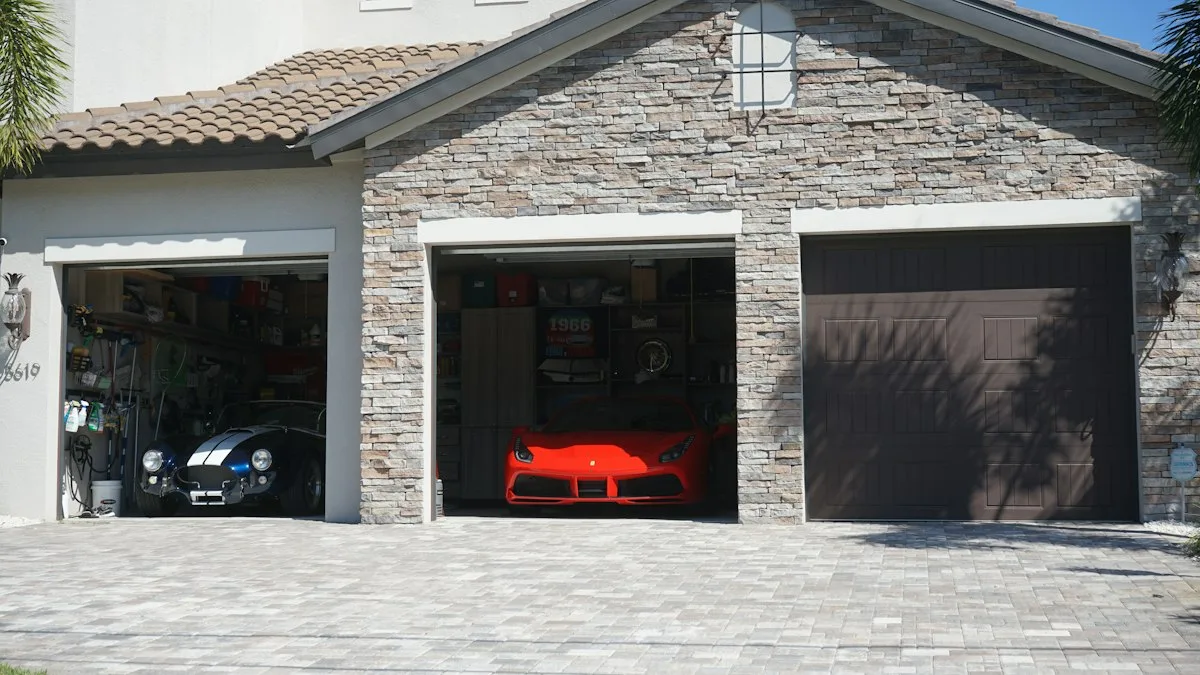 Car parked in a house garage with the garage door open